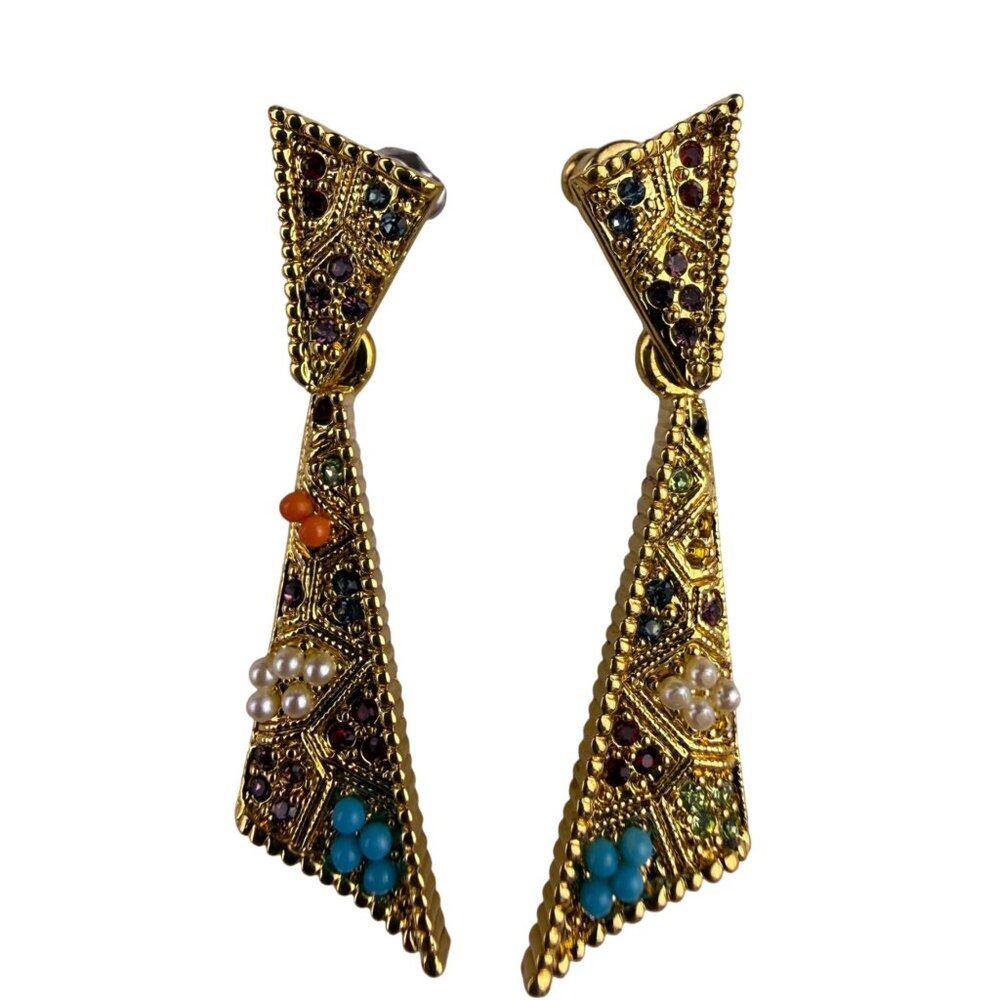 Asymmetric Gold Tone Drop Earrings With Multicolor Gemstones & Pearl Accents